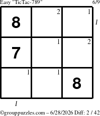 The grouppuzzles.com Easy TicTac-789 puzzle for Sunday June 28, 2026 with all 2 steps marked