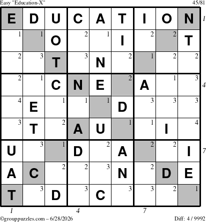 The grouppuzzles.com Easy Education-X puzzle for Sunday June 28, 2026 with all 4 steps marked