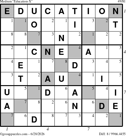 The grouppuzzles.com Medium Education-X puzzle for Sunday June 28, 2026, suitable for printing, with all 8 steps marked