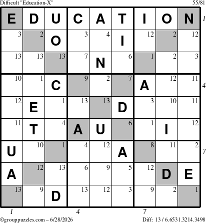 The grouppuzzles.com Difficult Education-X puzzle for Sunday June 28, 2026 with all 13 steps marked