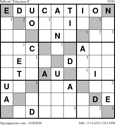 The grouppuzzles.com Difficult Education-X puzzle for Sunday June 28, 2026 with the first 3 steps marked