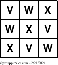The grouppuzzles.com Answer grid for the TicTac-VWX puzzle for Wednesday February 21, 2024