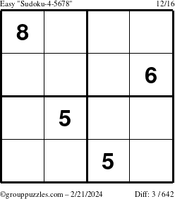 The grouppuzzles.com Easy Sudoku-4-5678 puzzle for Wednesday February 21, 2024