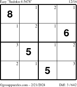 The grouppuzzles.com Easy Sudoku-4-5678 puzzle for Wednesday February 21, 2024 with the first 3 steps marked