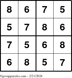 The grouppuzzles.com Answer grid for the Sudoku-4-5678 puzzle for Wednesday February 21, 2024
