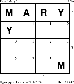 The grouppuzzles.com Easy Mary puzzle for Wednesday February 21, 2024 with all 3 steps marked