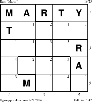 The grouppuzzles.com Easy Marty puzzle for Wednesday February 21, 2024 with all 4 steps marked
