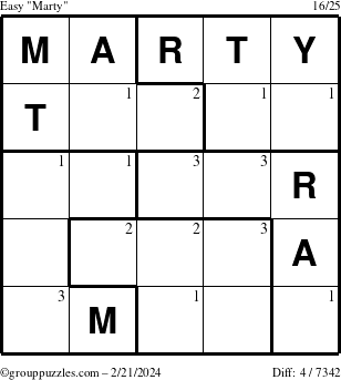 The grouppuzzles.com Easy Marty puzzle for Wednesday February 21, 2024 with the first 3 steps marked