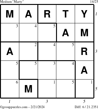The grouppuzzles.com Medium Marty puzzle for Wednesday February 21, 2024 with all 6 steps marked