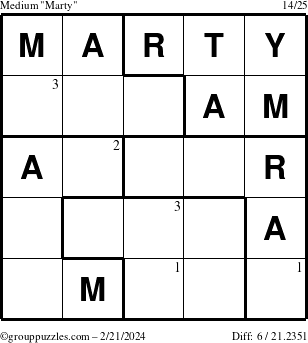 The grouppuzzles.com Medium Marty puzzle for Wednesday February 21, 2024 with the first 3 steps marked