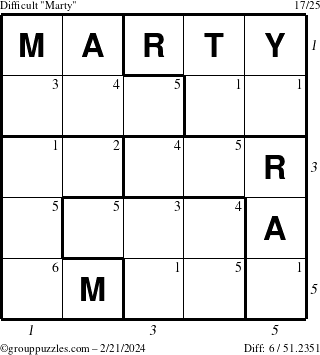 The grouppuzzles.com Difficult Marty puzzle for Wednesday February 21, 2024 with all 6 steps marked