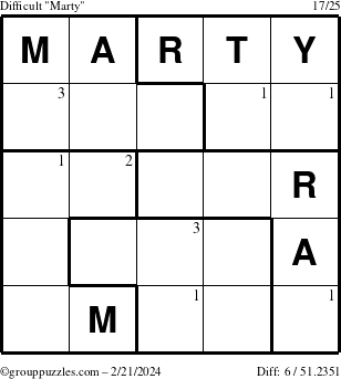 The grouppuzzles.com Difficult Marty puzzle for Wednesday February 21, 2024 with the first 3 steps marked