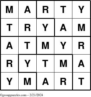 The grouppuzzles.com Answer grid for the Marty puzzle for Wednesday February 21, 2024