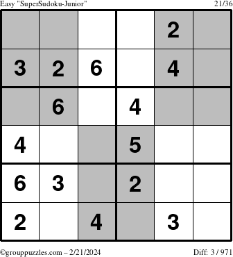The grouppuzzles.com Easy SuperSudoku-Junior puzzle for Wednesday February 21, 2024