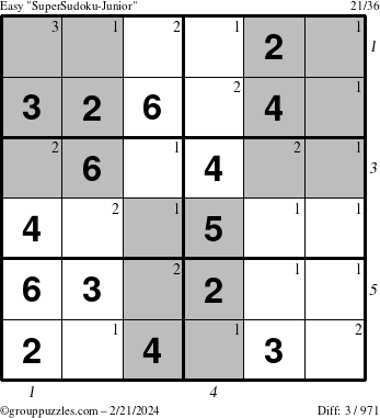 The grouppuzzles.com Easy SuperSudoku-Junior puzzle for Wednesday February 21, 2024 with all 3 steps marked