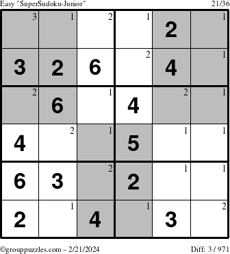 The grouppuzzles.com Easy SuperSudoku-Junior puzzle for Wednesday February 21, 2024 with the first 3 steps marked
