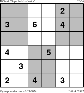 The grouppuzzles.com Difficult SuperSudoku-Junior puzzle for Wednesday February 21, 2024