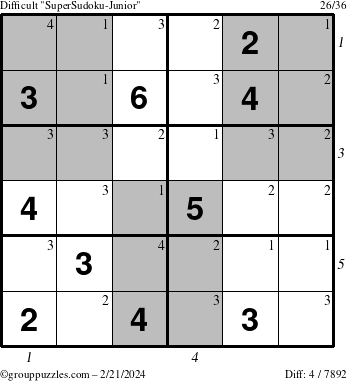 The grouppuzzles.com Difficult SuperSudoku-Junior puzzle for Wednesday February 21, 2024 with all 4 steps marked