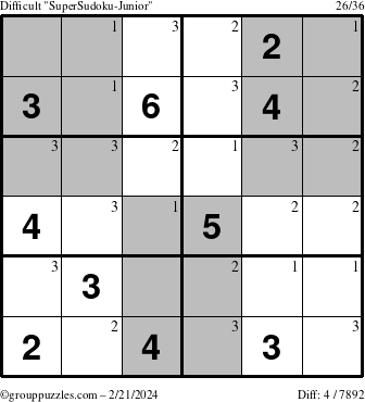 The grouppuzzles.com Difficult SuperSudoku-Junior puzzle for Wednesday February 21, 2024 with the first 3 steps marked