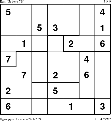 The grouppuzzles.com Easy Sudoku-7B puzzle for Wednesday February 21, 2024