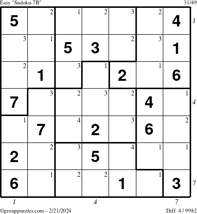 The grouppuzzles.com Easy Sudoku-7B puzzle for Wednesday February 21, 2024 with all 4 steps marked