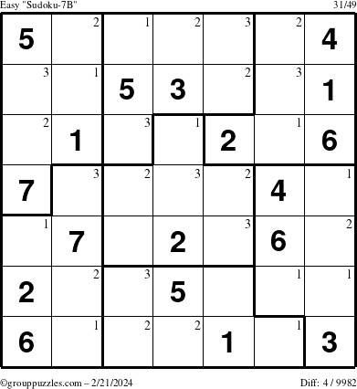 The grouppuzzles.com Easy Sudoku-7B puzzle for Wednesday February 21, 2024 with the first 3 steps marked