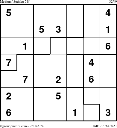 The grouppuzzles.com Medium Sudoku-7B puzzle for Wednesday February 21, 2024