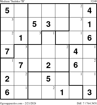 The grouppuzzles.com Medium Sudoku-7B puzzle for Wednesday February 21, 2024 with the first 3 steps marked