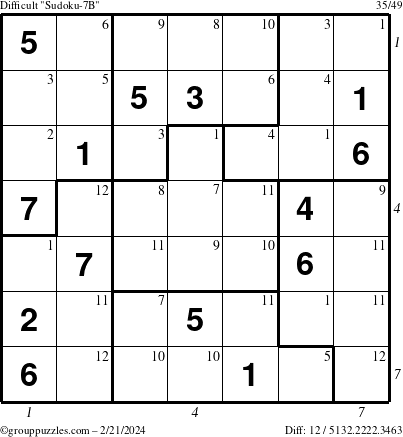 The grouppuzzles.com Difficult Sudoku-7B puzzle for Wednesday February 21, 2024 with all 12 steps marked