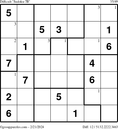 The grouppuzzles.com Difficult Sudoku-7B puzzle for Wednesday February 21, 2024 with the first 3 steps marked