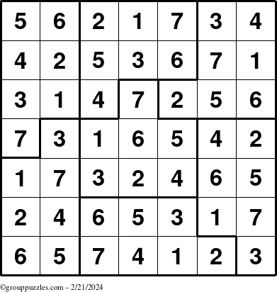 The grouppuzzles.com Answer grid for the Sudoku-7B puzzle for Wednesday February 21, 2024