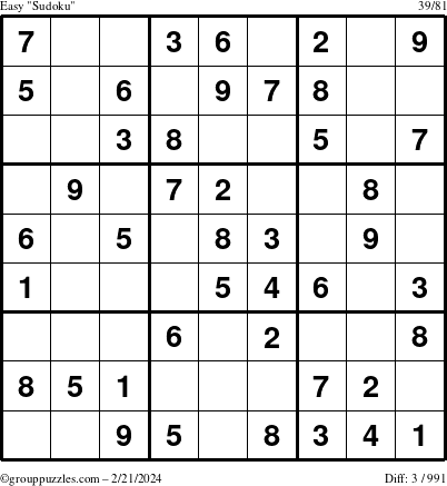 The grouppuzzles.com Easy Sudoku puzzle for Wednesday February 21, 2024