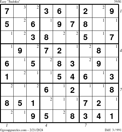 The grouppuzzles.com Easy Sudoku puzzle for Wednesday February 21, 2024 with all 3 steps marked