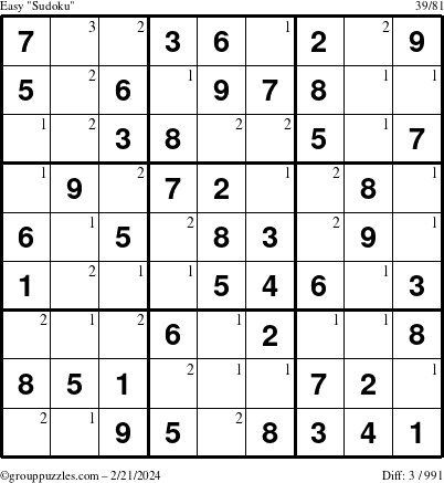 The grouppuzzles.com Easy Sudoku puzzle for Wednesday February 21, 2024 with the first 3 steps marked