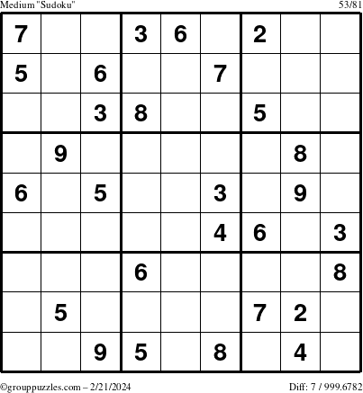 The grouppuzzles.com Medium Sudoku puzzle for Wednesday February 21, 2024
