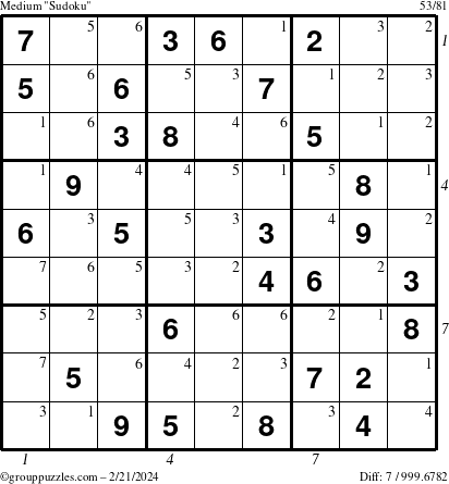The grouppuzzles.com Medium Sudoku puzzle for Wednesday February 21, 2024 with all 7 steps marked