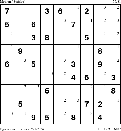 The grouppuzzles.com Medium Sudoku puzzle for Wednesday February 21, 2024 with the first 3 steps marked