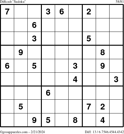 The grouppuzzles.com Difficult Sudoku puzzle for Wednesday February 21, 2024