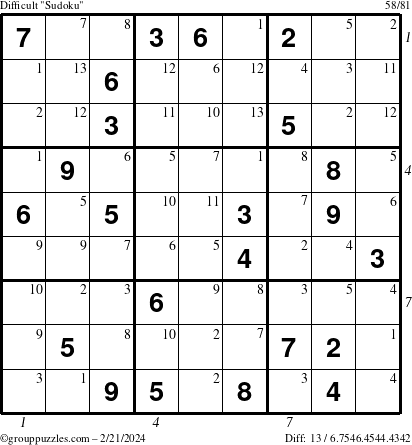 The grouppuzzles.com Difficult Sudoku puzzle for Wednesday February 21, 2024 with all 13 steps marked