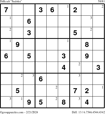 The grouppuzzles.com Difficult Sudoku puzzle for Wednesday February 21, 2024 with the first 3 steps marked