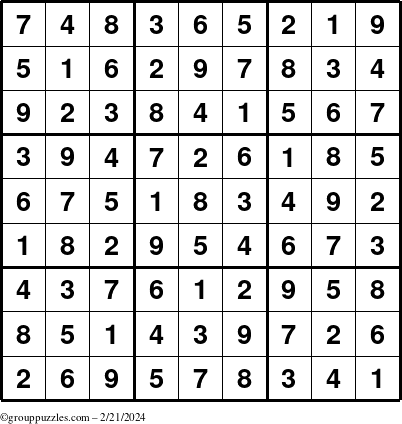 The grouppuzzles.com Answer grid for the Sudoku puzzle for Wednesday February 21, 2024