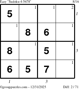 The grouppuzzles.com Easy Sudoku-4-5678 puzzle for Wednesday December 31, 2025 with all 2 steps marked