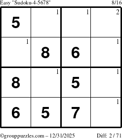 The grouppuzzles.com Easy Sudoku-4-5678 puzzle for Wednesday December 31, 2025 with the first 2 steps marked