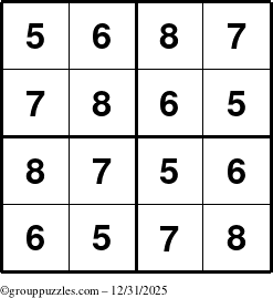 The grouppuzzles.com Answer grid for the Sudoku-4-5678 puzzle for Wednesday December 31, 2025