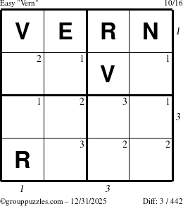 The grouppuzzles.com Easy Vern puzzle for Wednesday December 31, 2025, suitable for printing, with all 3 steps marked