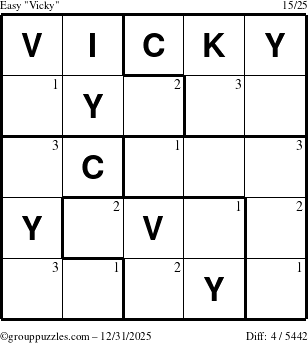 The grouppuzzles.com Easy Vicky puzzle for Wednesday December 31, 2025 with the first 3 steps marked