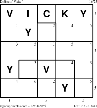 The grouppuzzles.com Difficult Vicky puzzle for Wednesday December 31, 2025, suitable for printing, with all 6 steps marked
