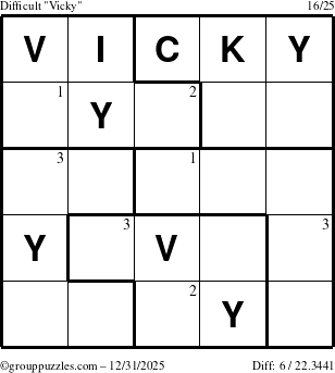 The grouppuzzles.com Difficult Vicky puzzle for Wednesday December 31, 2025 with the first 3 steps marked