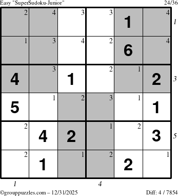 The grouppuzzles.com Easy SuperSudoku-Junior puzzle for Wednesday December 31, 2025, suitable for printing, with all 4 steps marked