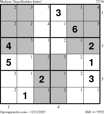 The grouppuzzles.com Medium SuperSudoku-Junior puzzle for Wednesday December 31, 2025, suitable for printing, with all 4 steps marked